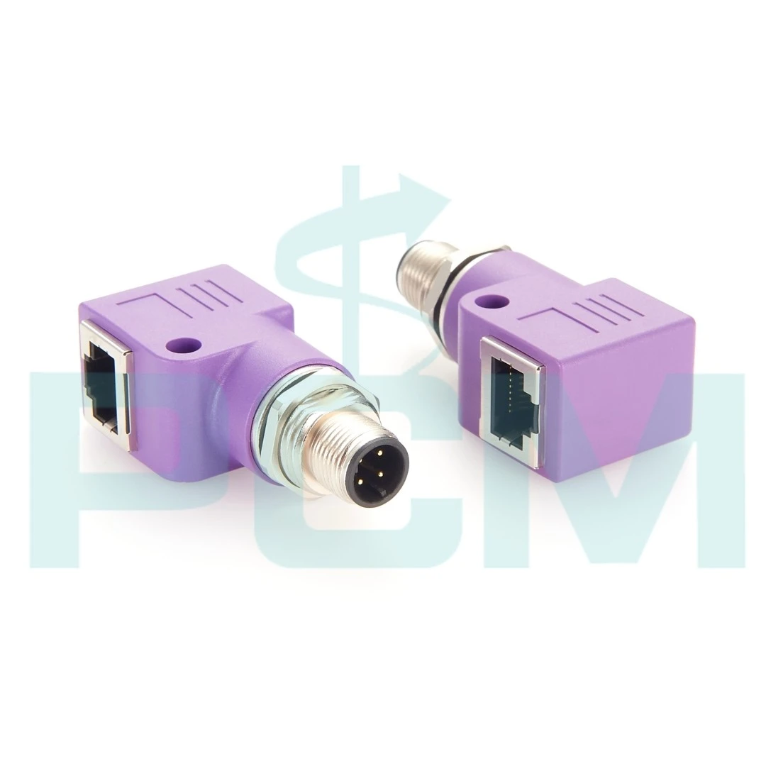 M12 D Code 4 Pin Male To RJ45 Female 90° Elbow Connector